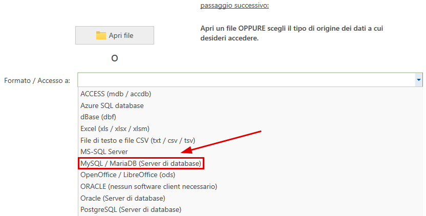 Origine dati MySQL