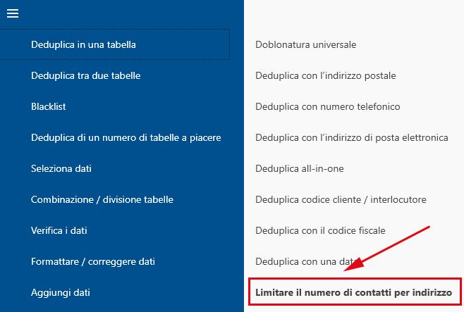Deduplica con indirizzo postale 'Limitare il numero di contatti per indirizzo