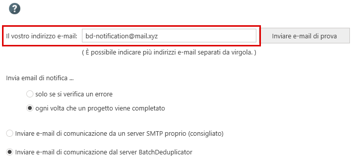 Email di notifica, indirizzo email