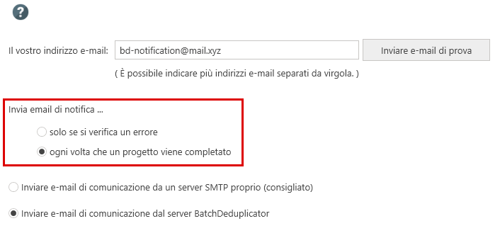 Email di notifica, opzioni